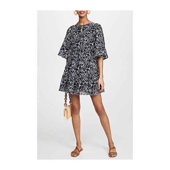 PARKER NEW $298 Floral Print A-line Cotton Mini Dress Black Aurora‎ Large - Picture 1 of 5